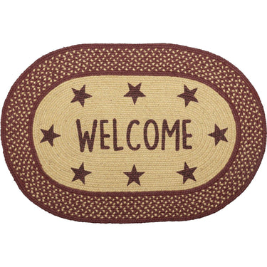 Burgundy Red Primitive Jute Braided Rug Oval Stencil Stars Welcome 20